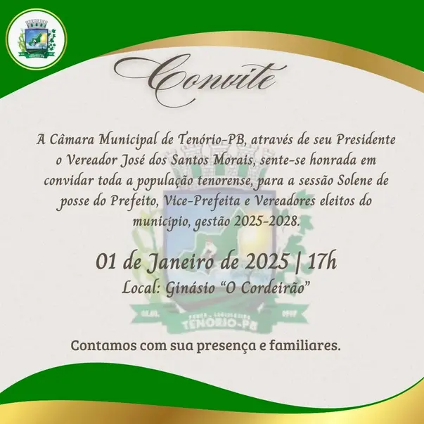 Convite para Sessão Solene de Posse dos Eleitos em Tenório/PB