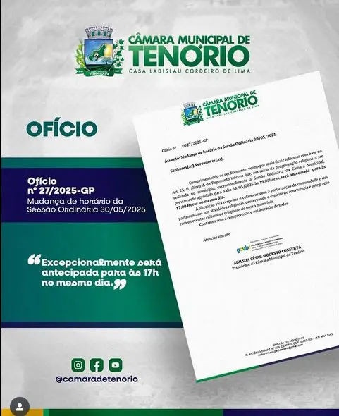 Câmara Municipal de Tenório antecipa Sessão Ordinária para às 17h nesta sexta-feira (30/05)