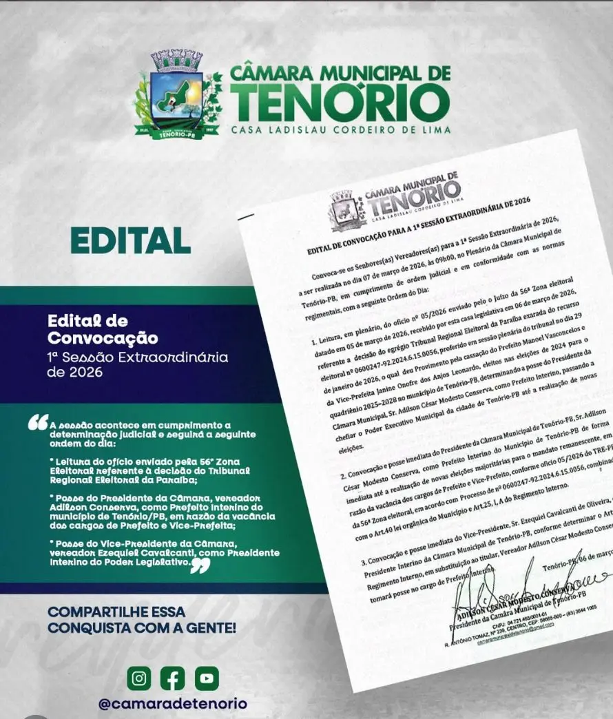 A Câmara Municipal de Tenório/PB convoca a população para acompanhar a 1ª Sessão Extraordinária de 2026