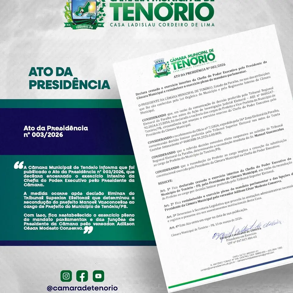 Câmara de Tenório encerra interinidade na prefeitura após decisão do TSE