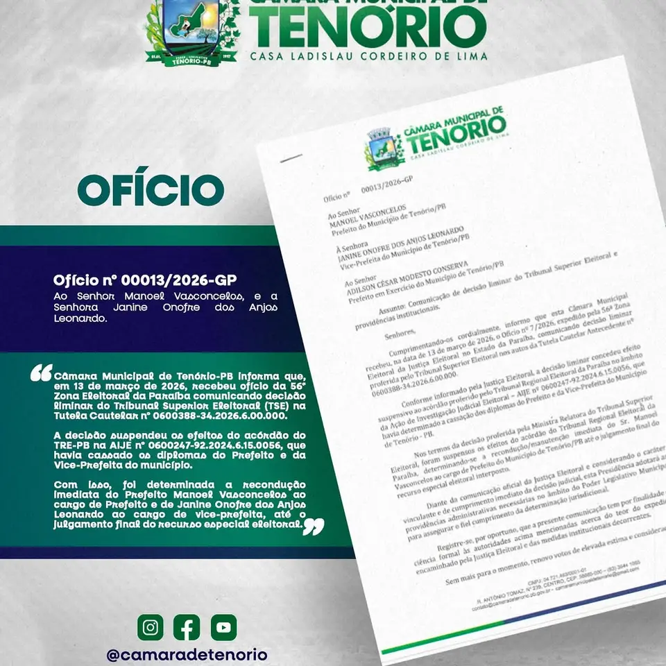 TSE determina recondução de Prefeito e Vice de Tenório aos seus mandatos