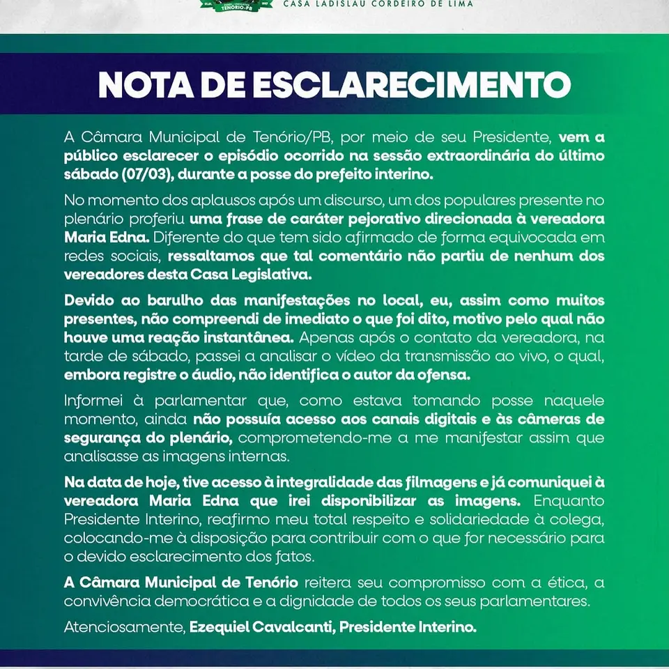 Câmara de Tenório Esclarece Ofensa a Vereadora em Posse de Prefeito